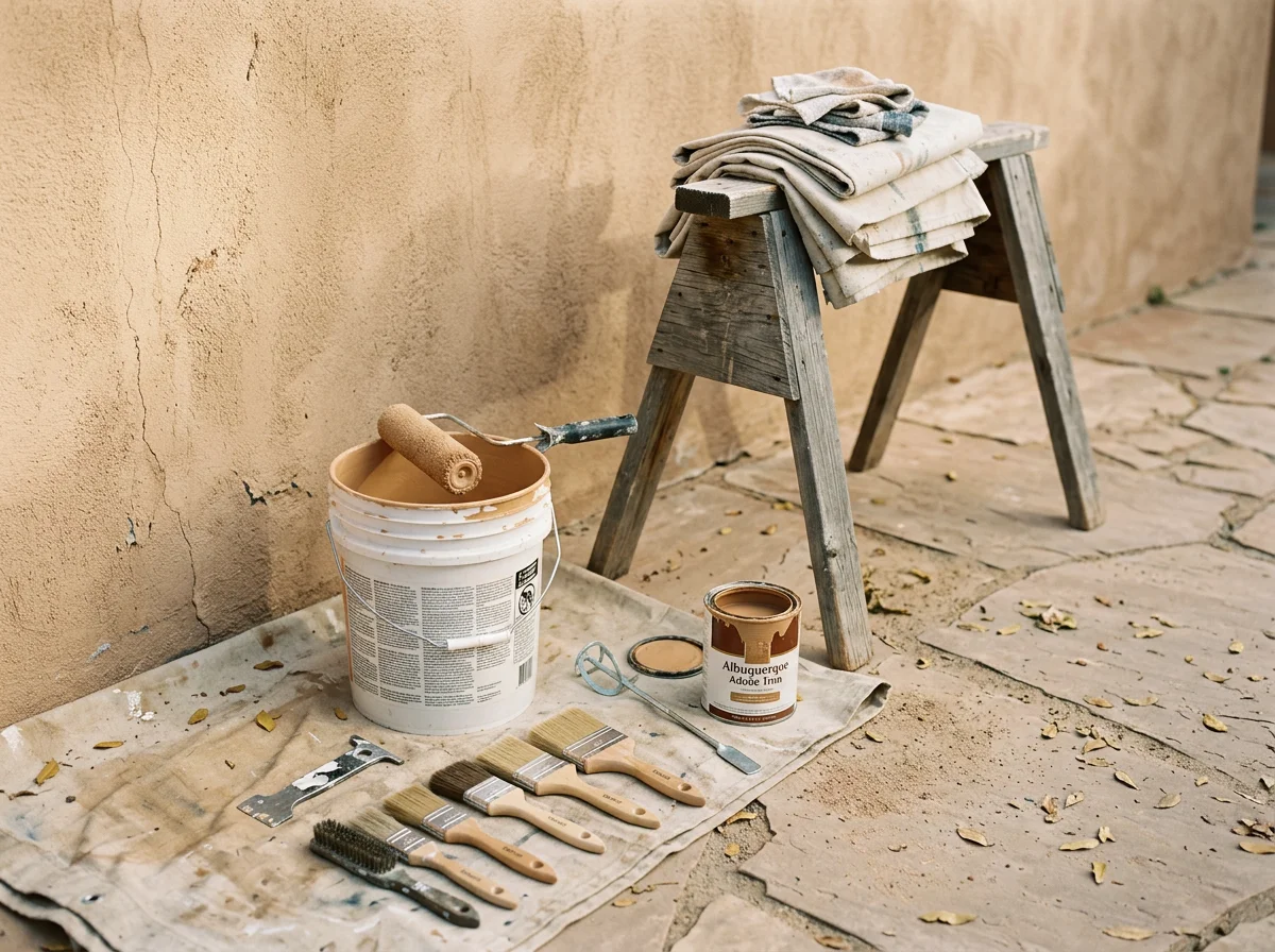 Painting supplies and tools arranged for a job, showing the equipment our team uses on residential and commercial projects. Brushes, rollers, and paint cans sit ready near the work area.