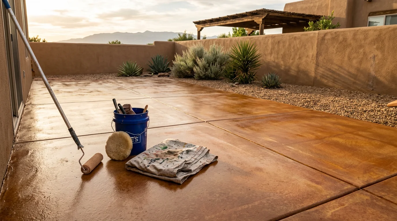 Concrete contractor in Albuquerque applying a stain to a backyard patio surface