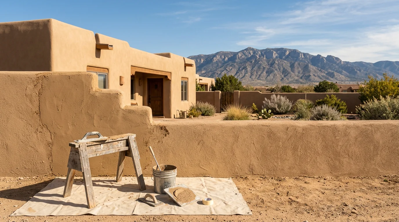 Stucco contractor in Albuquerque patching a crack on an exterior adobe-style wall