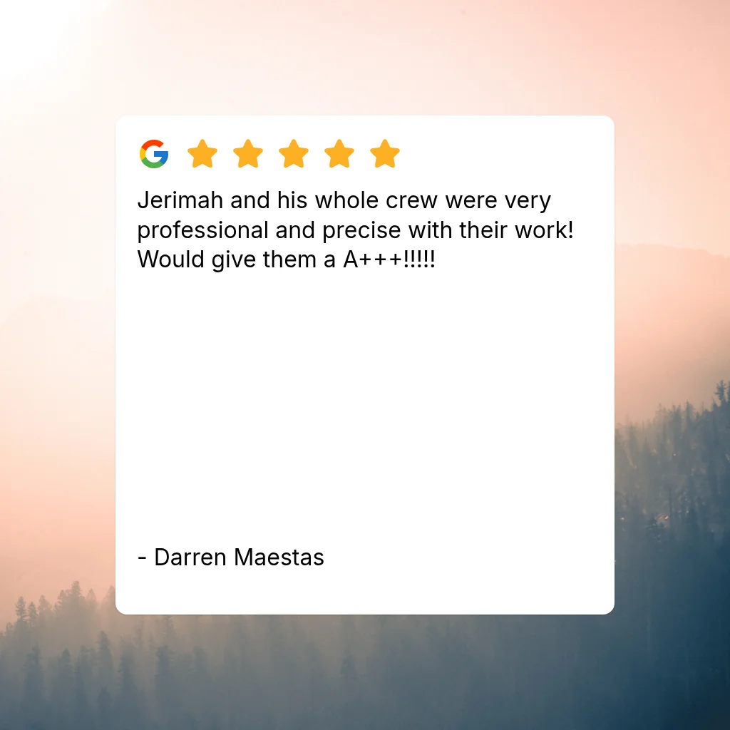 Five-star Google customer review card on a hazy pine forest background