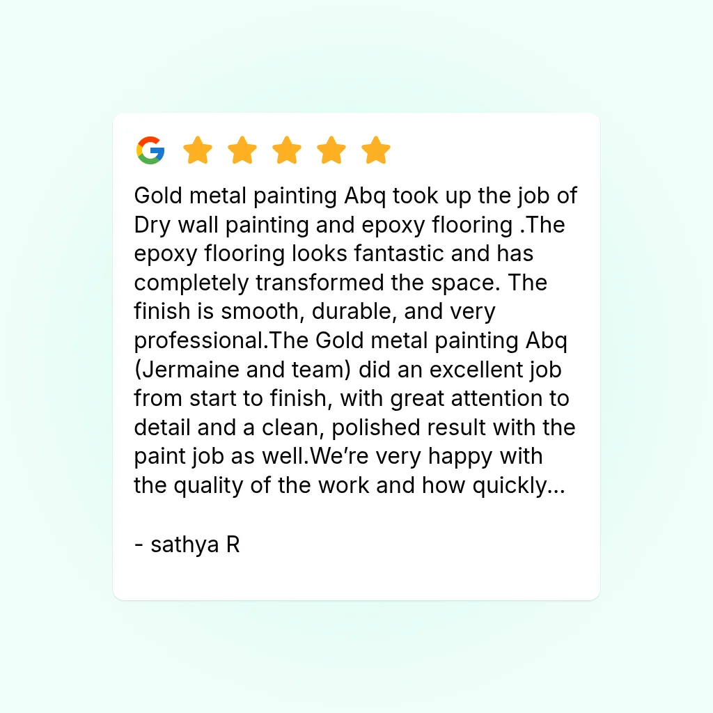 Five-star Google review card praising drywall painting and epoxy flooring work