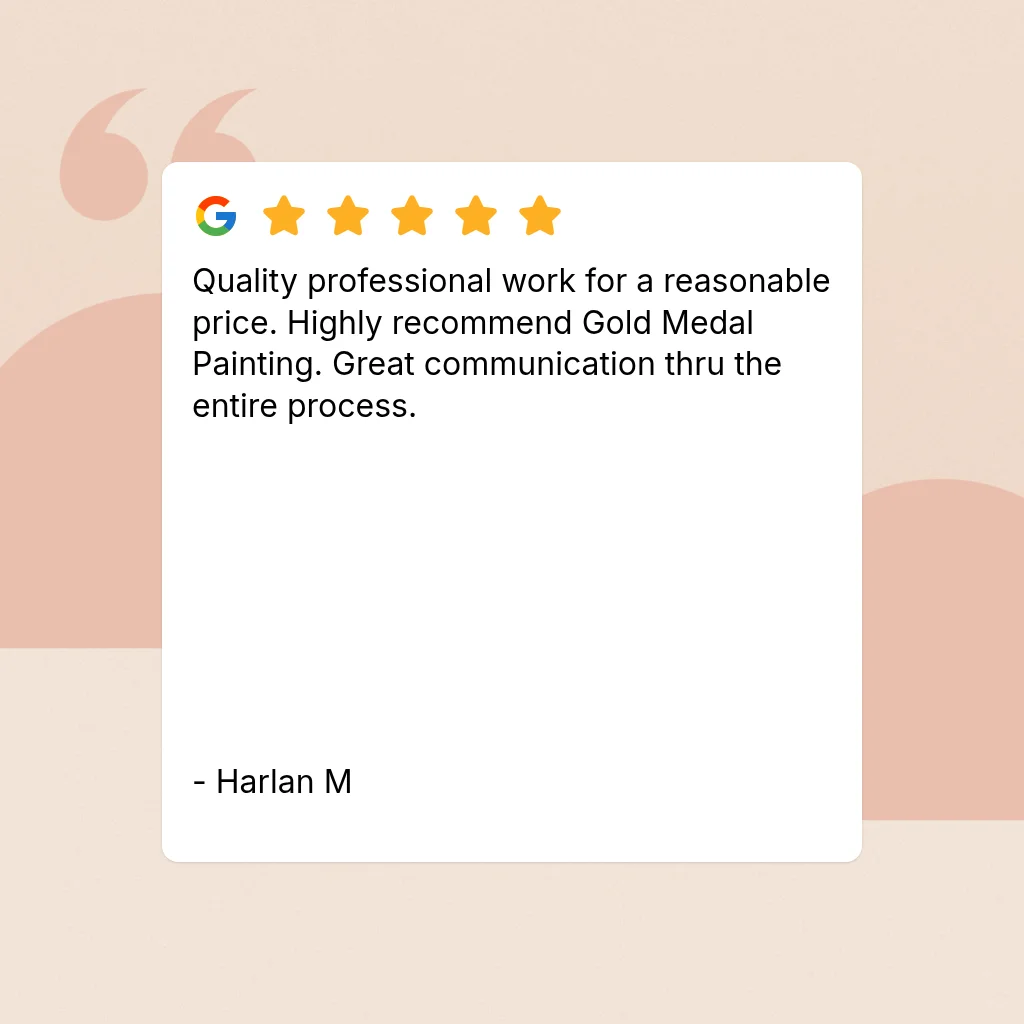 Five-star Google review card from customer Harlan M praising Gold Medal Painting's quality work and communication