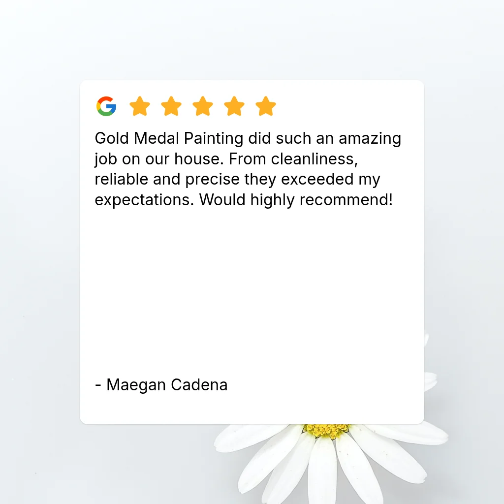Five-star Google review card for Gold Medal Painting with a white daisy in the background
