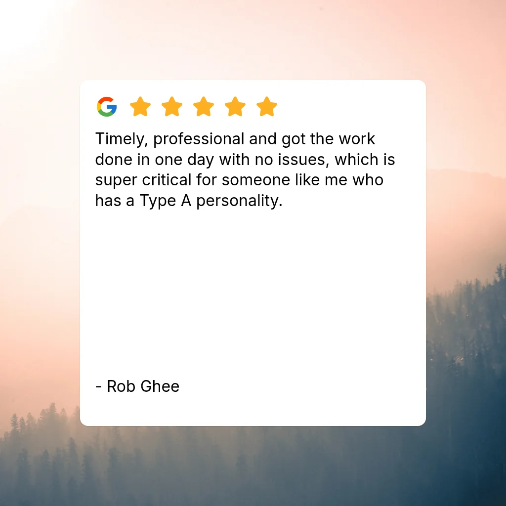 Five-star Google review card from Rob Ghee praising a timely, professional one-day painting job, over a misty pine forest background