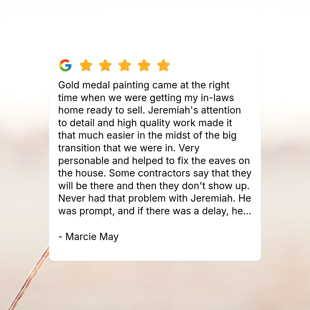 Five-star Google review card from Marcie May praising painting and eave repair work