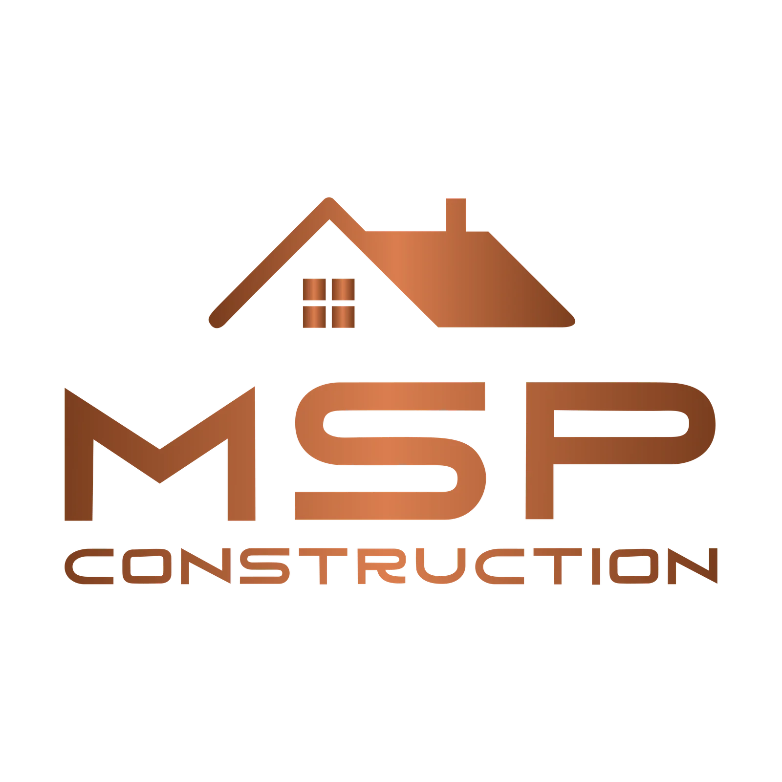 Copper gradient logo of a house roofline with chimney and windows above MSP Construction wordmark on white background