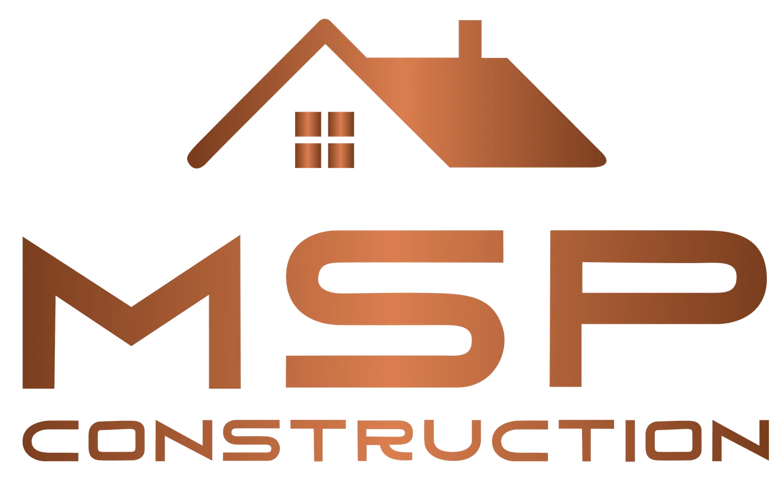 MSP Construction logo with copper gradient house roof icon, four-pane window, and bold MSP letters over CONSTRUCTION wordmark