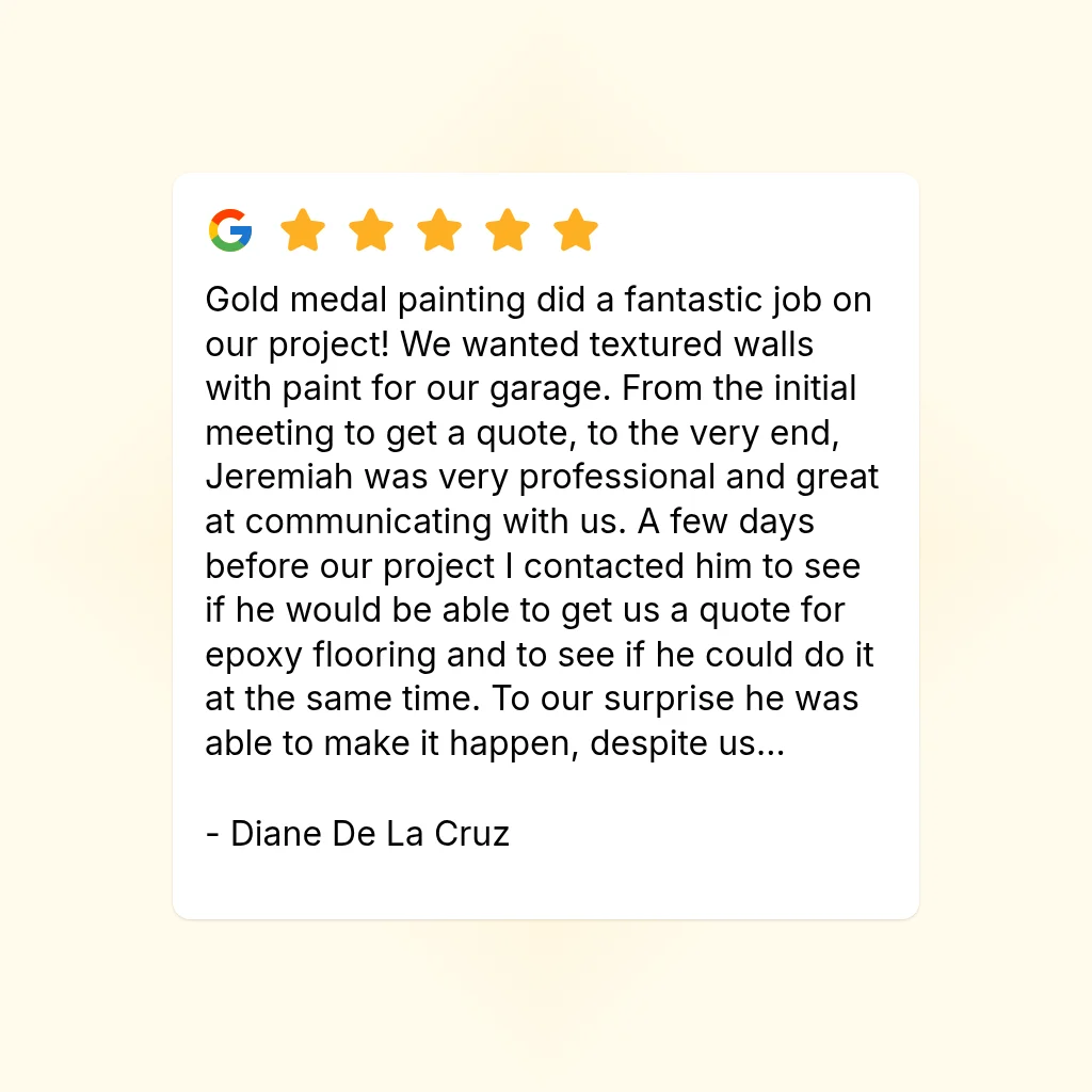 Five-star customer review praising textured wall painting and epoxy flooring work in a garage