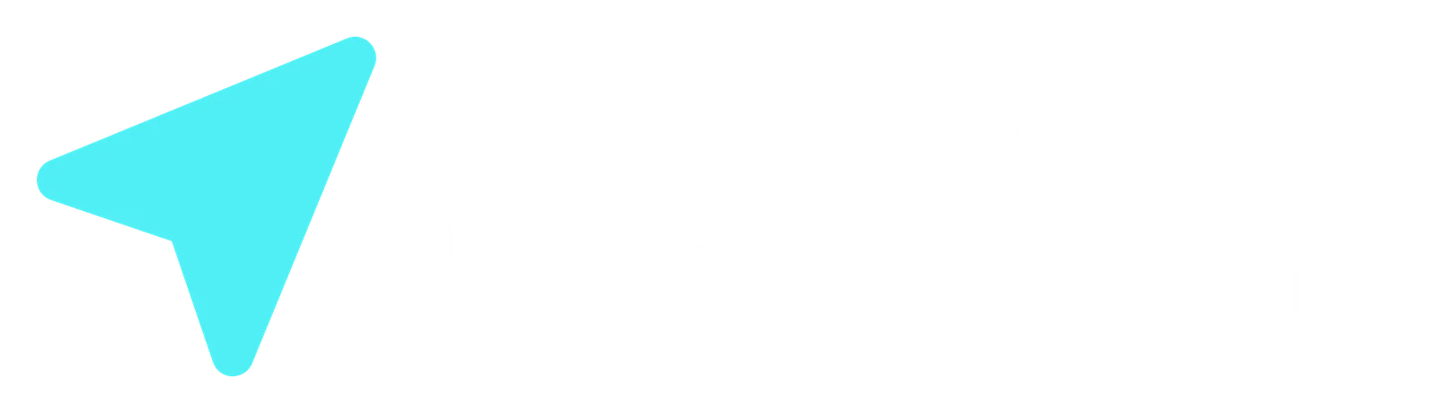 Cyan navigation arrow icon beside white wordmark on white background