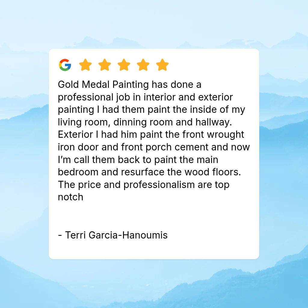 Five-star Google review card praising interior and exterior painting work, including wrought iron door and porch cement
