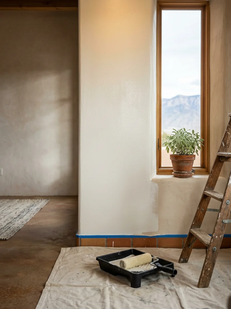 Interior painting in progress in an Albuquerque home, with fresh paint being applied to a wall in a bright, open living area.