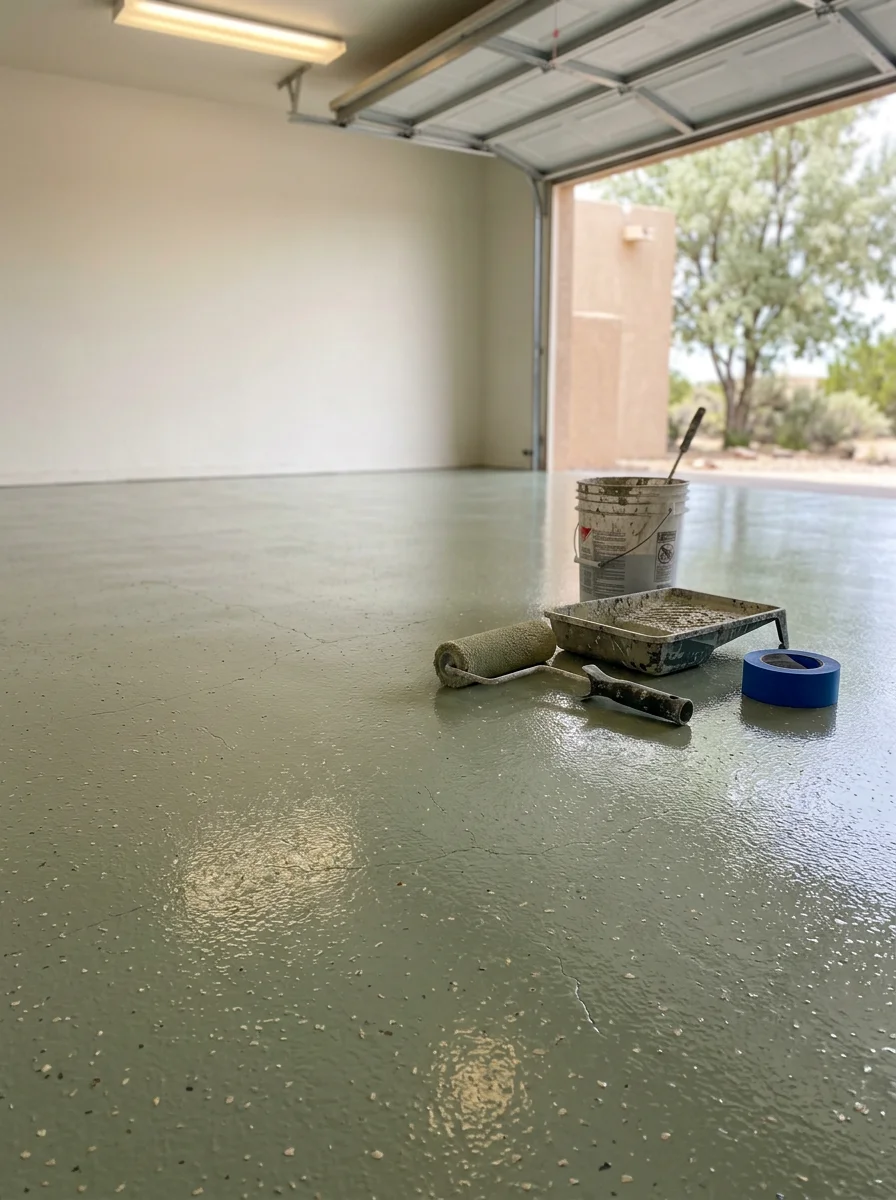 Epoxy-coated concrete garage floor in a Belen, New Mexico home