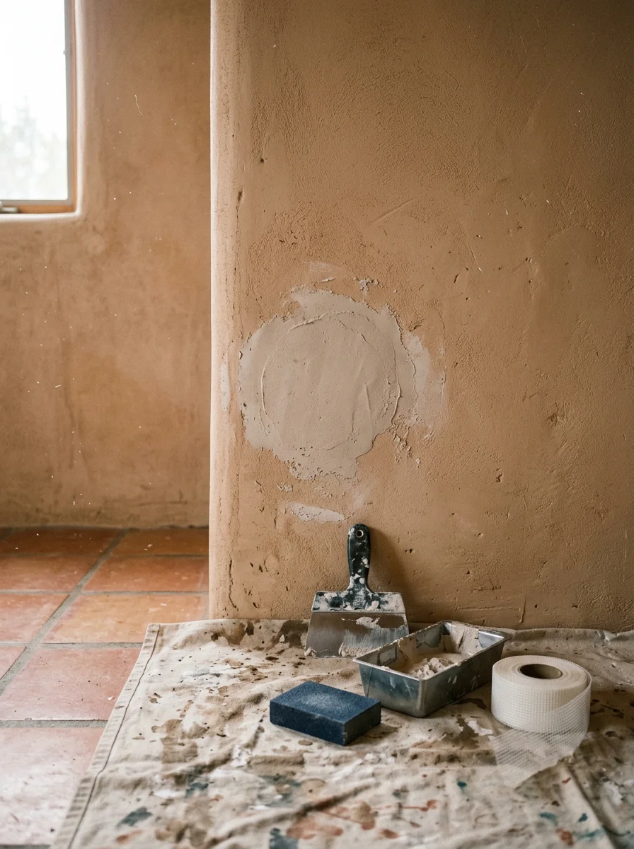 Drywall repair in progress inside a Bernalillo home, with a patched wall section being textured to match the surrounding surface before painting.