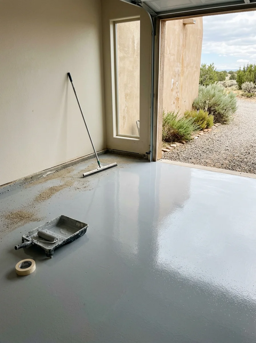 Epoxy-coated garage floor in a residential home in Edgewood, New Mexico