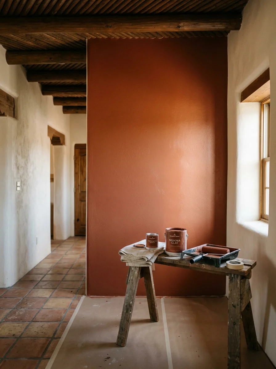 Freshly painted accent wall in a Los Lunas home interior, showing a bold earth-tone color against neutral surrounding walls in an open floor plan.