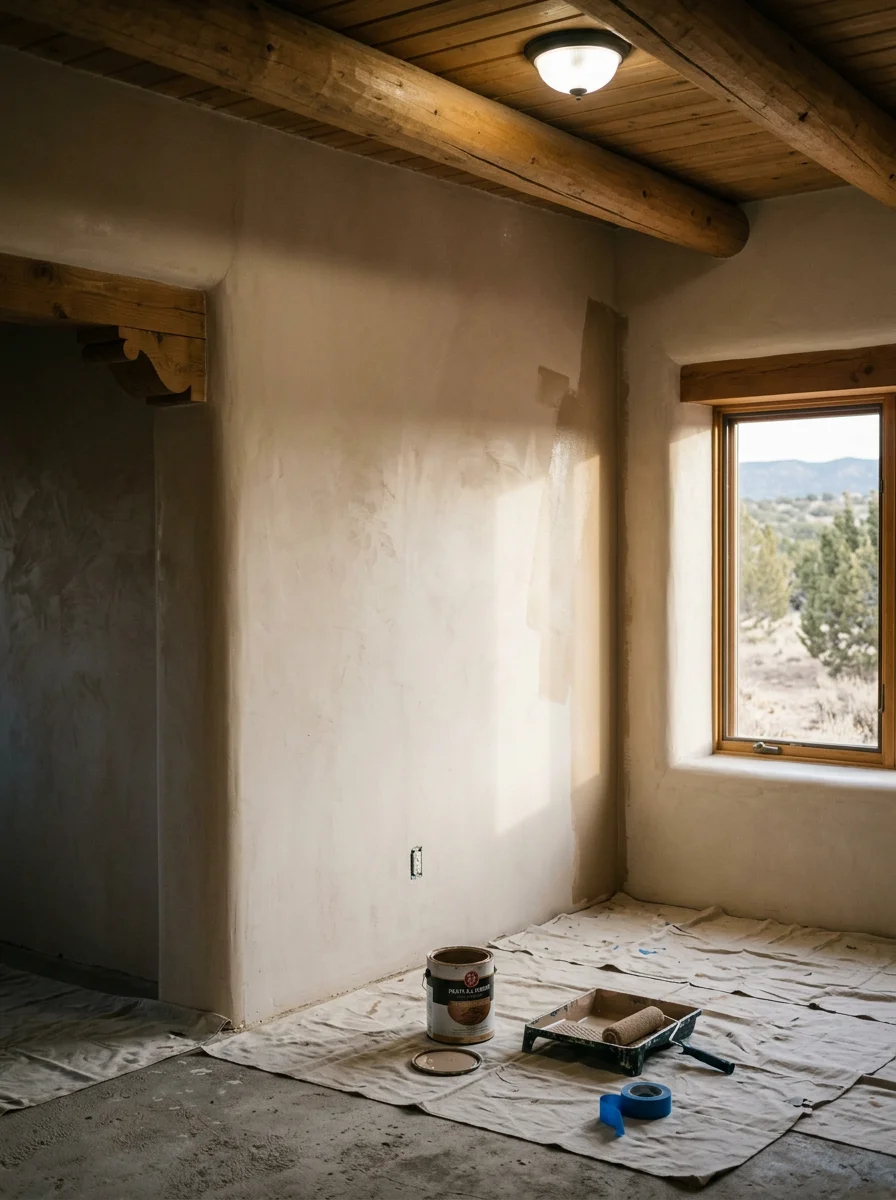 Interior painting in a Placitas custom home, showing fresh paint being applied to a high-ceilinged room with Southwestern architectural details.