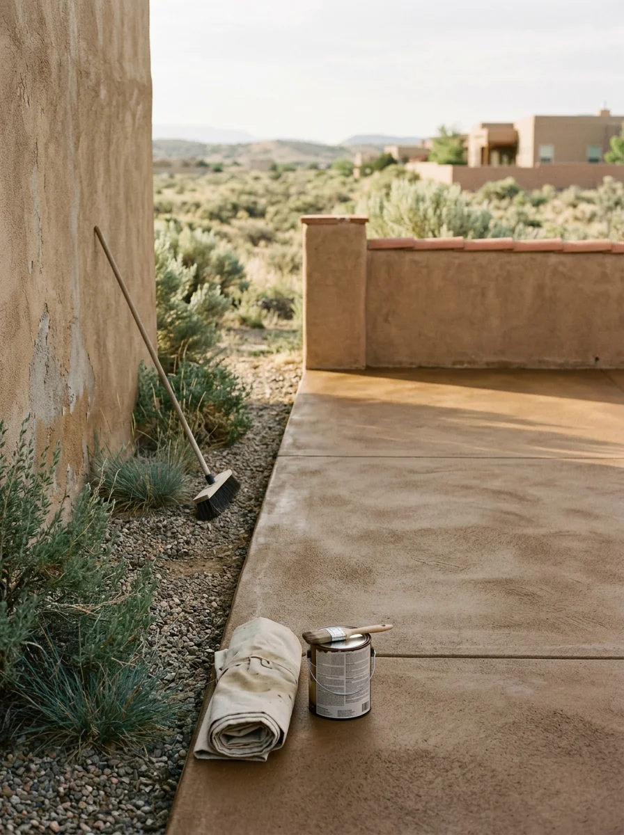 Freshly stained concrete patio floor at a Rio Rancho residential property, showing a smooth, even finish in a warm earth tone.