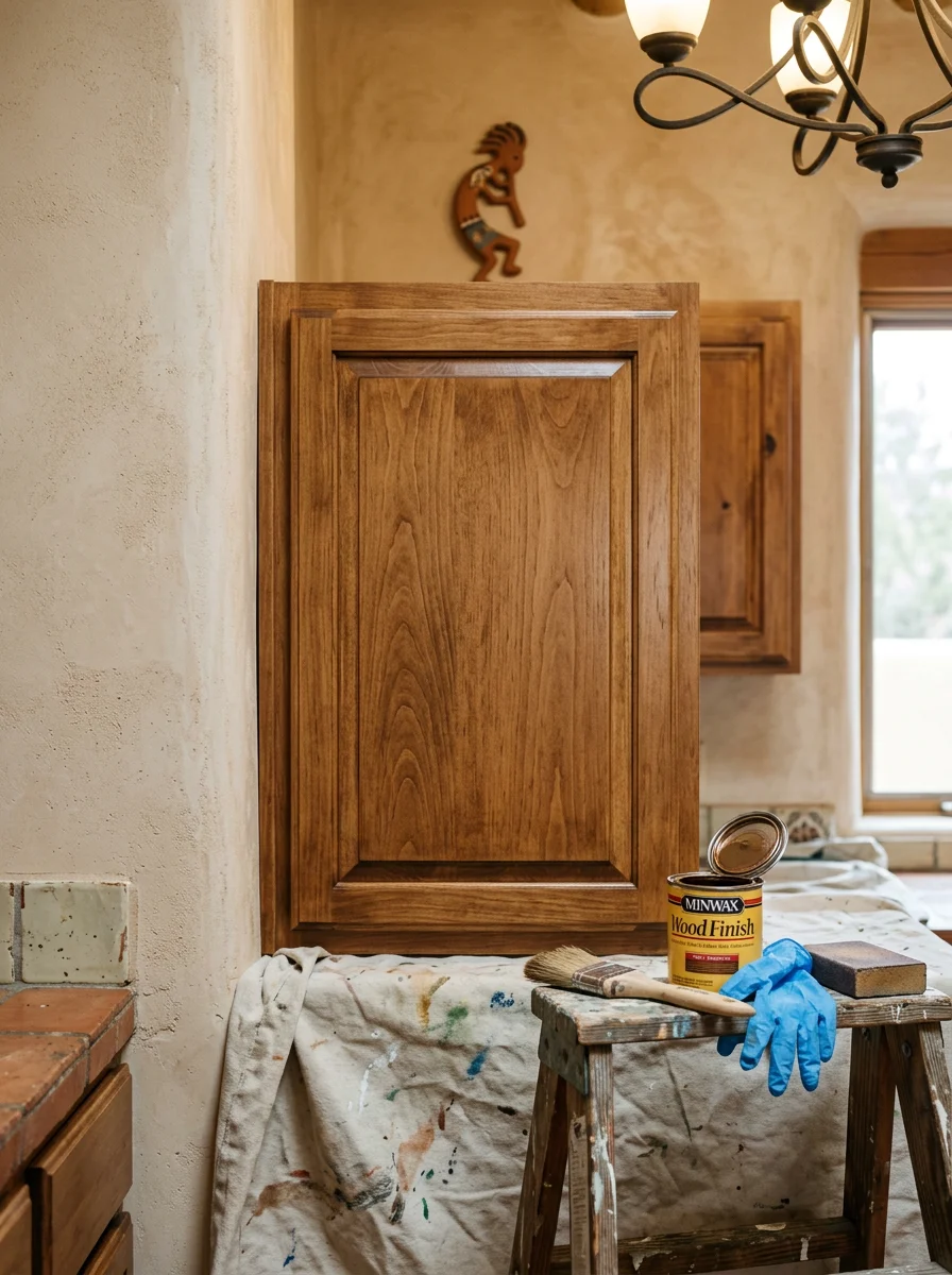 Interior cabinet staining in progress in a Santa Fe home, with wood cabinetry being refinished in a warm earth-tone finish.