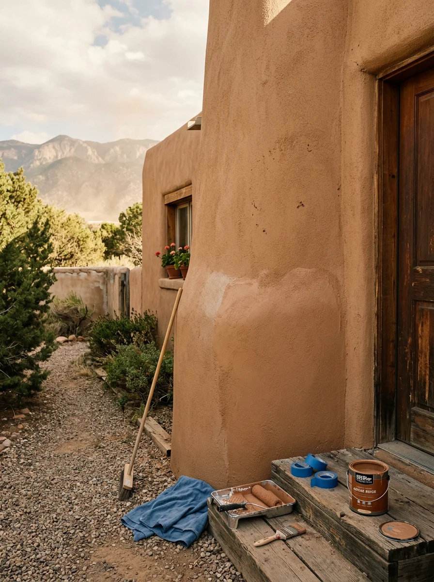Close-up of freshly patched and painted stucco on a residential exterior in the East Mountains area near Tijeras, NM.