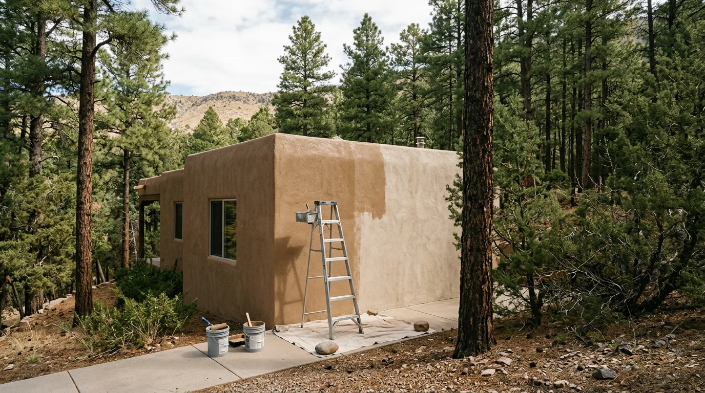 Painter applying exterior coating to a stucco home on a wooded canyon lot in Tijeras, NM, with ponderosa pines visible in the background.