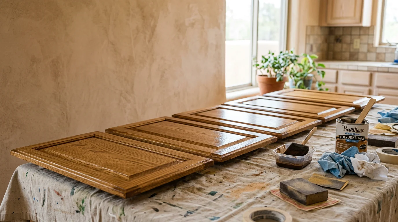 Freshly stained wood kitchen cabinets in a Tijeras home showing even grain coverage and a sealed matte finish. Cabinet doors and drawer fronts display consistent warm-toned stain from frame to edge.