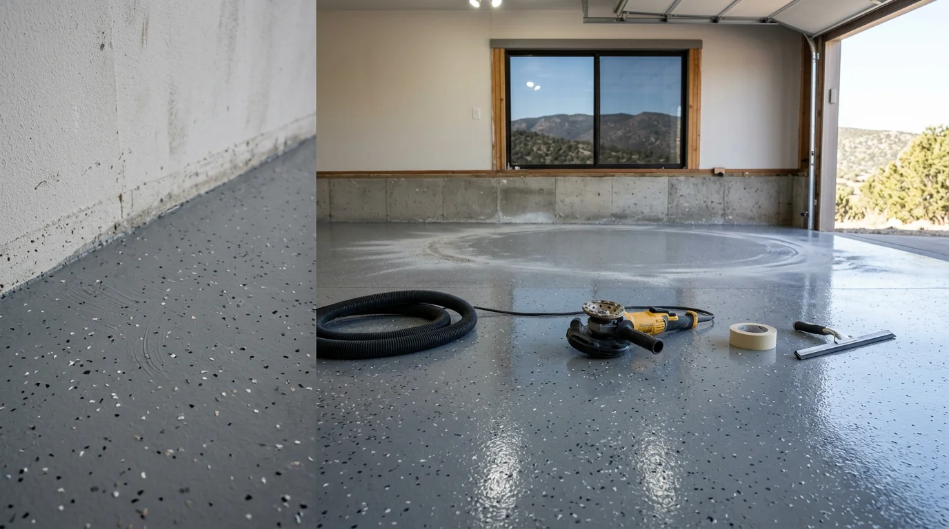 Finished epoxy flake floor coating on a residential garage concrete slab in Tijeras, New Mexico, showing a smooth, sealed surface with decorative chip broadcast and a high-gloss topcoat.