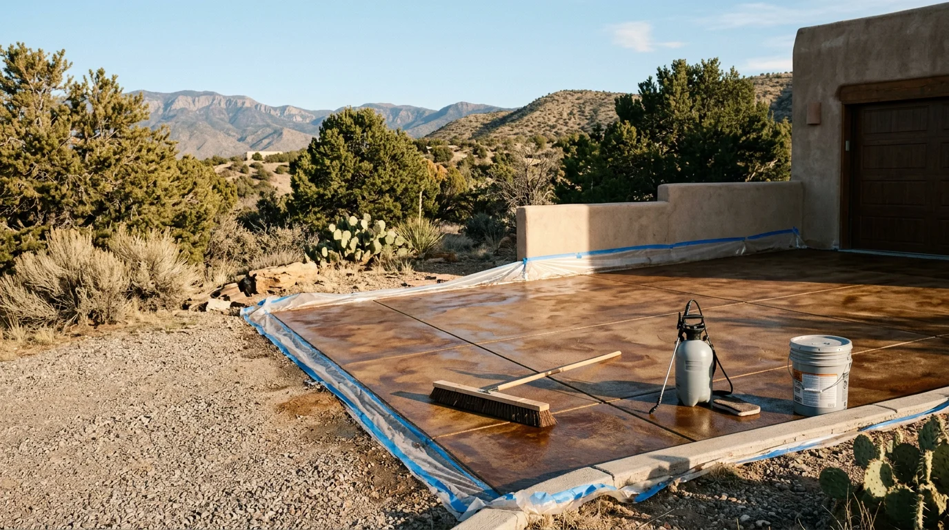 Interior concrete floor with a warm earth-tone acid stain finish inside a Tijeras, New Mexico home. The stained surface shows natural color variation and a sealed, low-sheen finish typical of professionally stained residential concrete in the East Mountains.