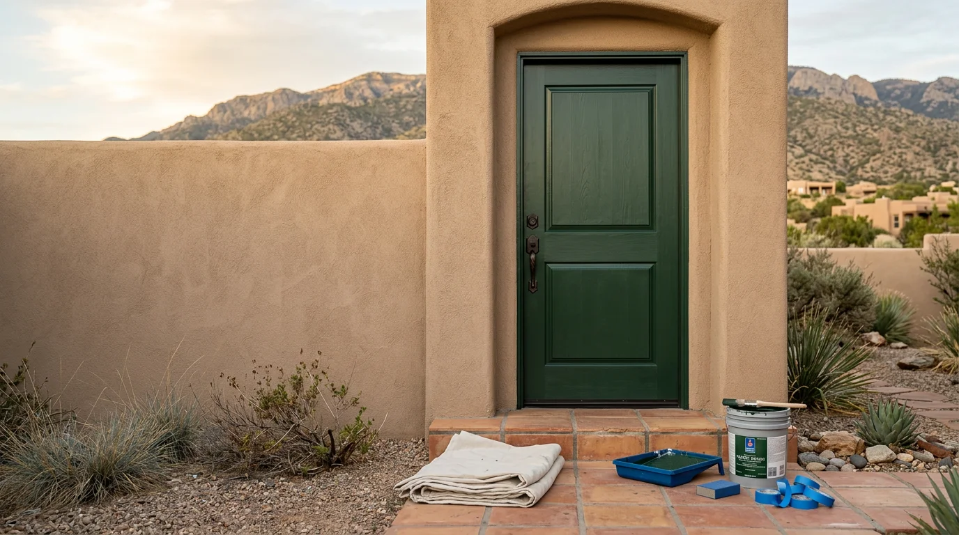 A freshly painted front entry door on a ranch-style home in Tijeras, New Mexico, with a clean, even finish showing no fading or peeling. The door contrasts with the surrounding exterior in the high-desert mountain setting of the Sandia foothills.