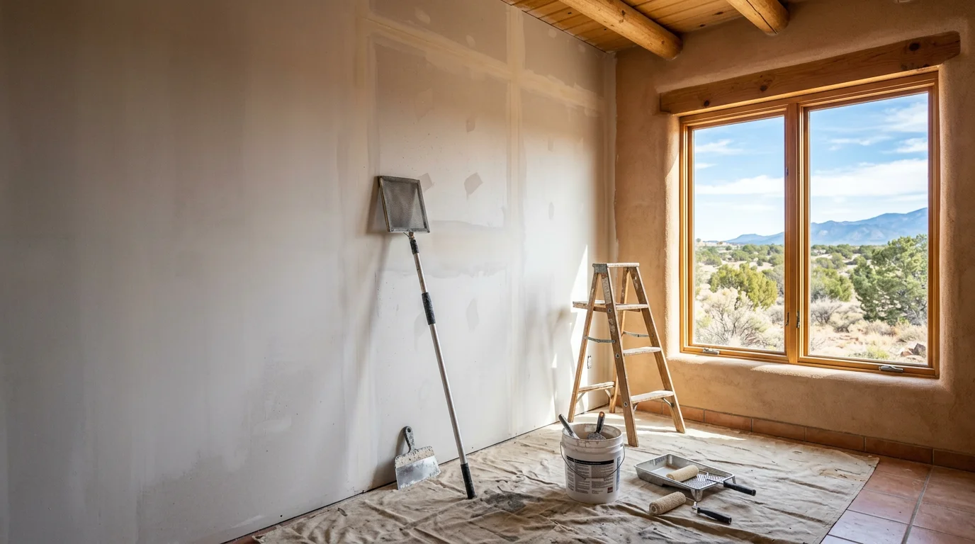 Freshly painted smooth drywall walls inside a single-family home in Tijeras, New Mexico, showing clean lines along the trim and an even finish coat throughout the room.