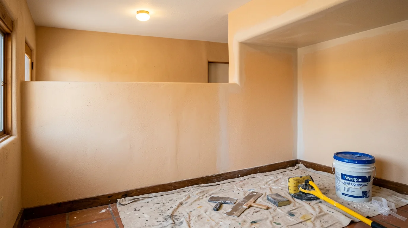 A freshly repaired and retextured interior wall in a Tijeras, NM home showing a seamless knockdown texture finish ready for paint. The patched area blends evenly with the surrounding wall surface with no visible seams or edges.