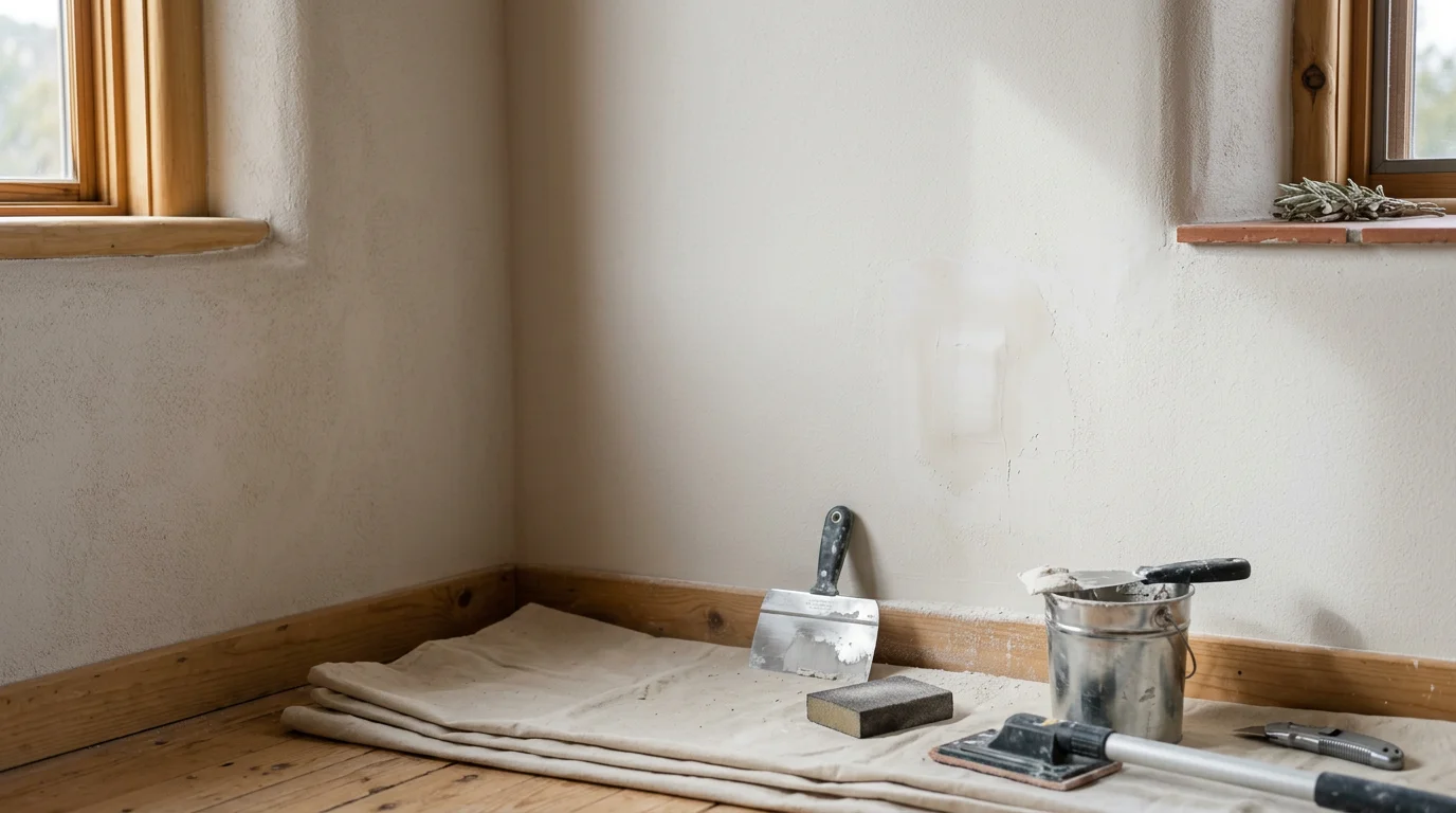 A freshly repaired and smoothed interior drywall surface in a Tijeras, New Mexico home, with texture blended to match the surrounding wall. The patched area is primed and ready for paint, showing no visible seam lines or rough edges.