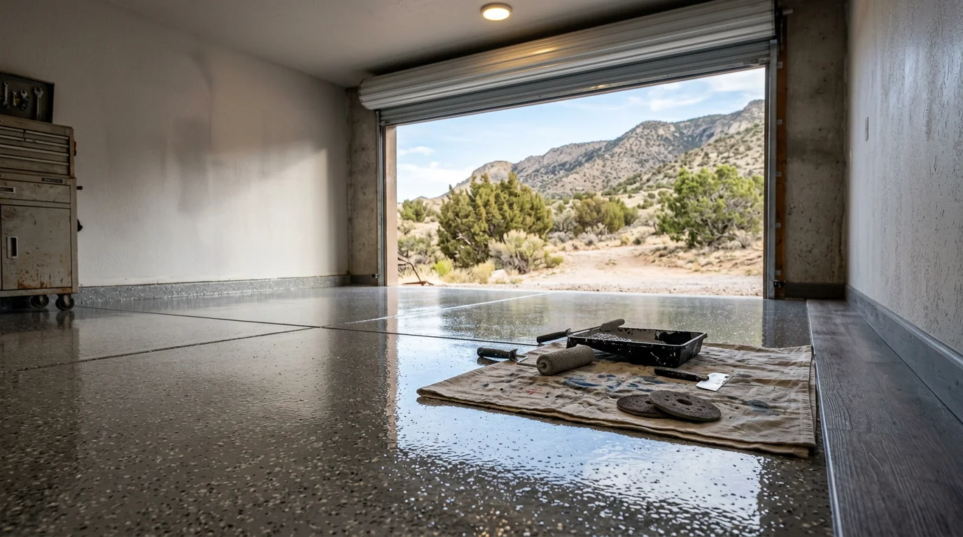 A freshly coated epoxy garage floor inside a Tijeras home, showing a smooth, clean surface with no cracks or stains. The coating reflects overhead light evenly across the full slab.