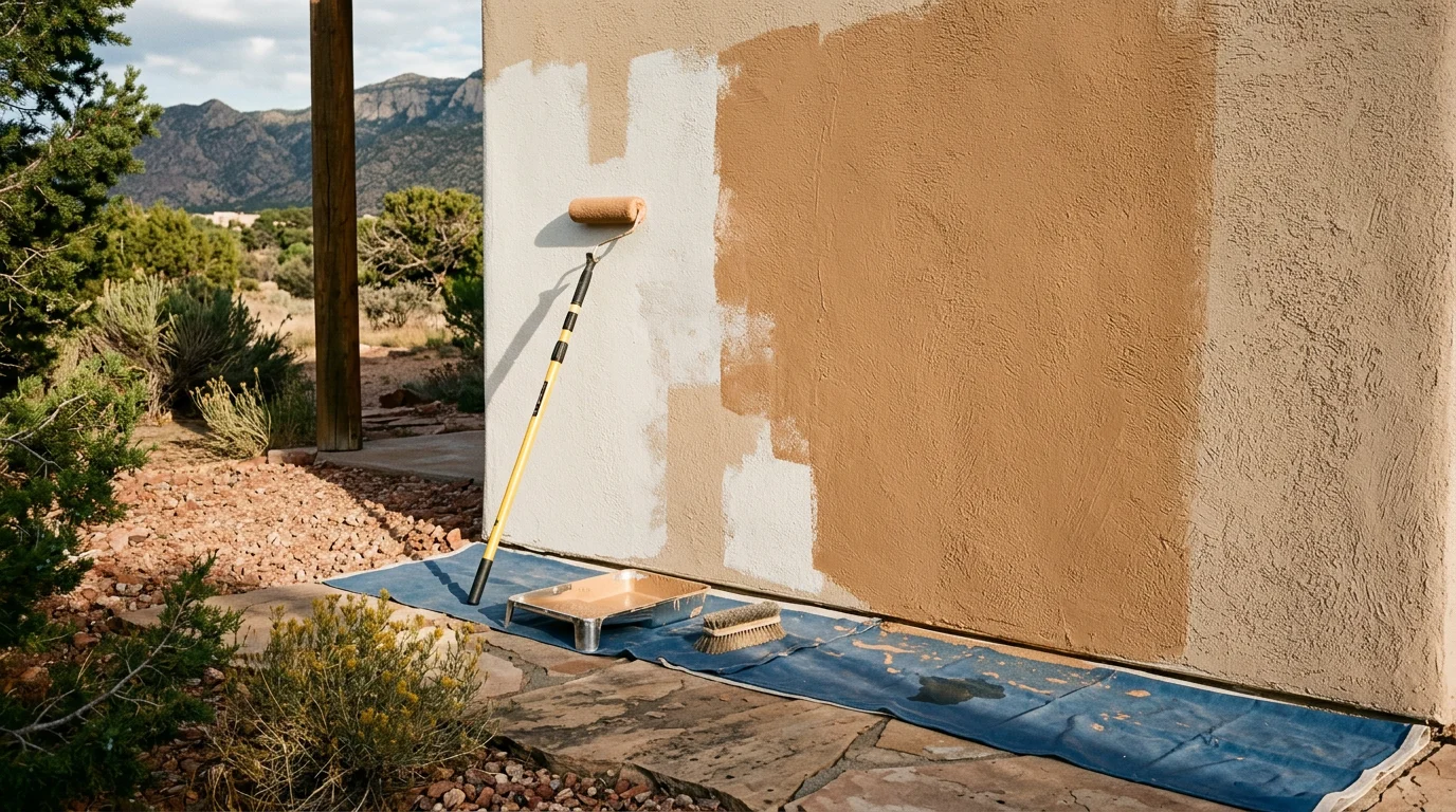 A freshly painted single-story home exterior in Tijeras, New Mexico, with clean siding and trim in a neutral tone against a pine-covered canyon hillside. The finished surface shows even coverage with no visible peeling or fading.