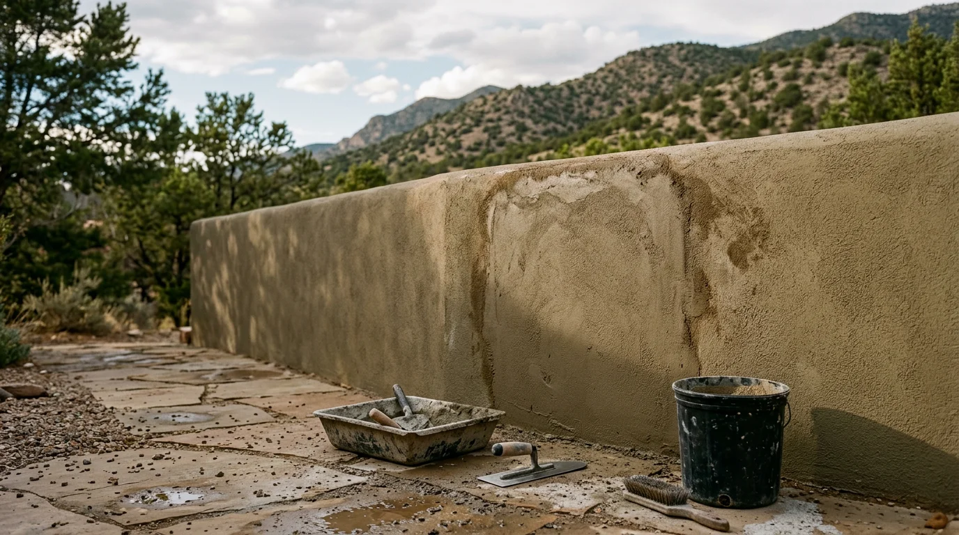 Close-up of a repaired stucco exterior wall on a residential home in Tijeras, New Mexico, showing a smooth, uniform finish with no visible cracks or damage. The East Mountains landscape is visible in the background.