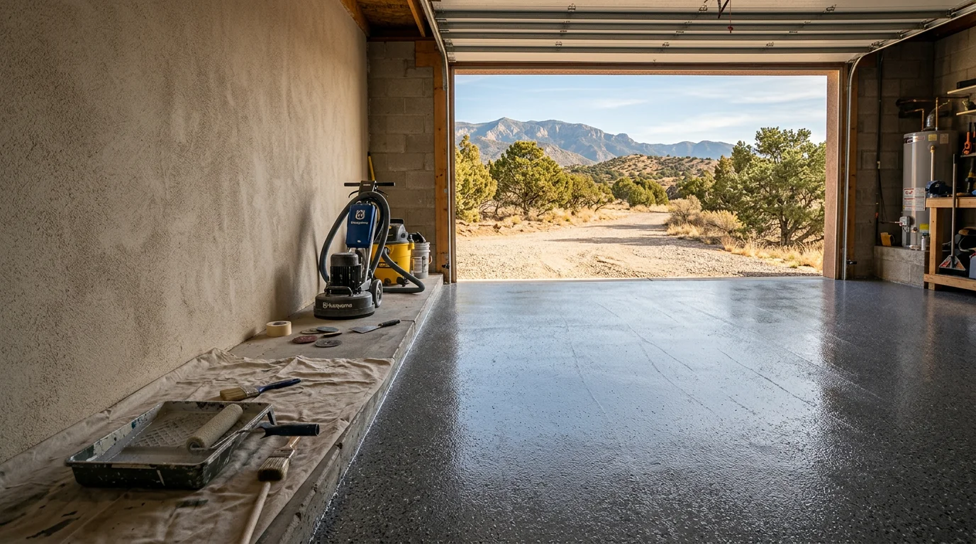 A freshly coated garage floor in a Tijeras home, showing a smooth, clean surface with a solid finish under overhead lighting. The concrete slab is fully covered with no bare spots, and a vehicle is parked on the finished floor.
