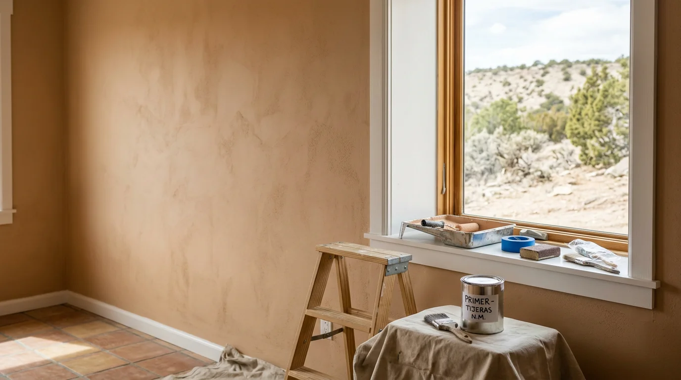 A freshly painted interior living room in a Tijeras, New Mexico home, showing clean eggshell-finish walls, crisp trim lines, and natural light coming through the windows.