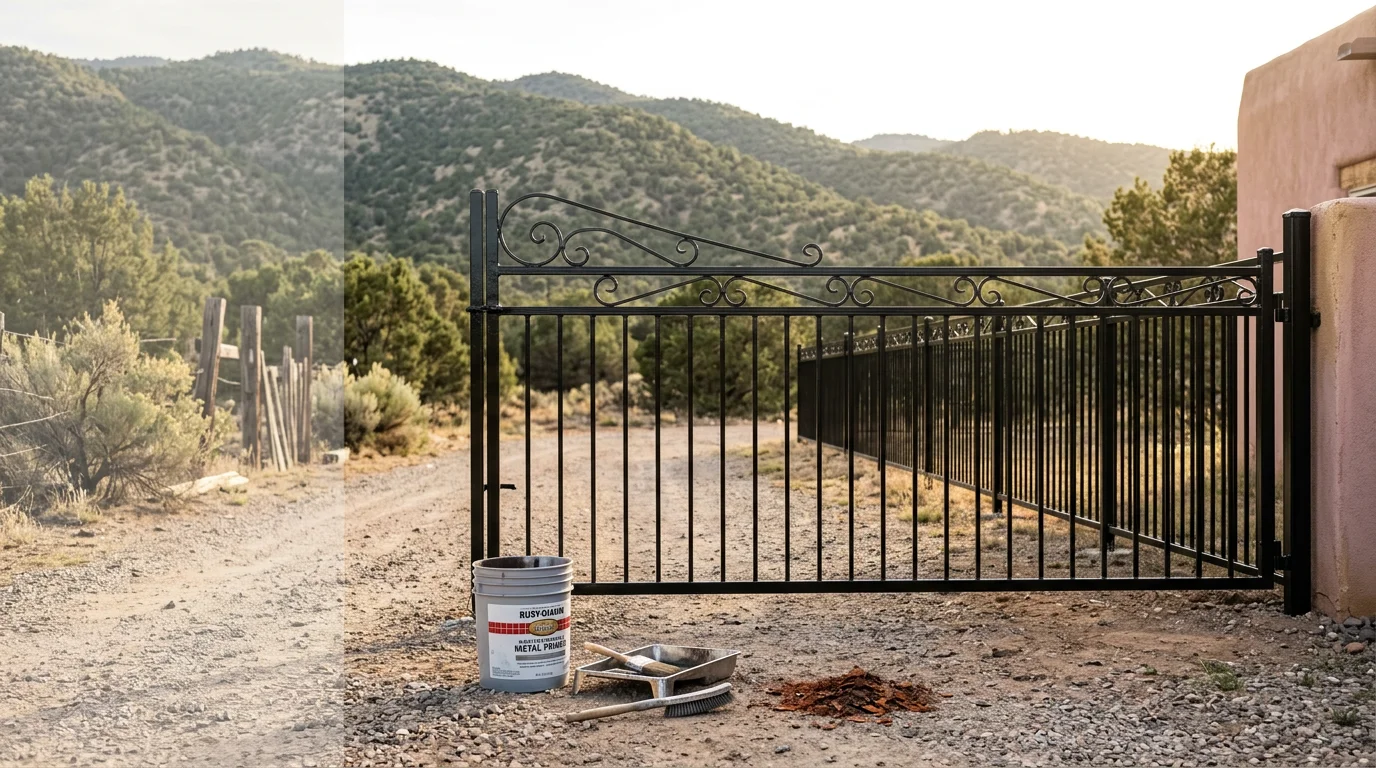 A freshly painted black metal gate and fence at a residential property in Tijeras, New Mexico, with the East Mountain landscape visible in the background. Close detail shows smooth, even paint coverage with no rust or peeling on the metal surface.