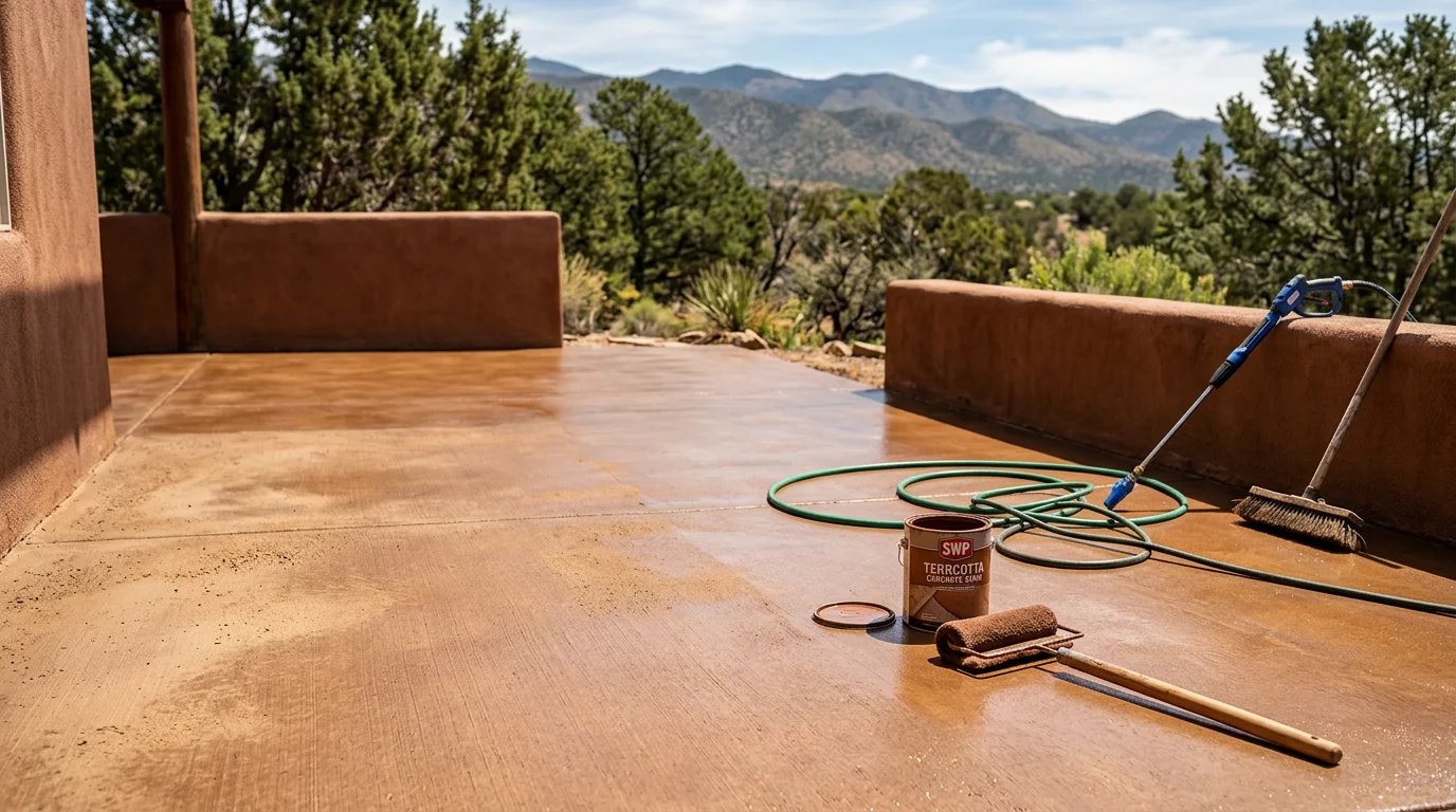 A freshly stained concrete patio at a Tijeras, New Mexico home, showing rich earth-tone color and a sealed surface surrounded by high-desert landscape. The smooth, even finish reflects the natural tones of the East Mountain surroundings.