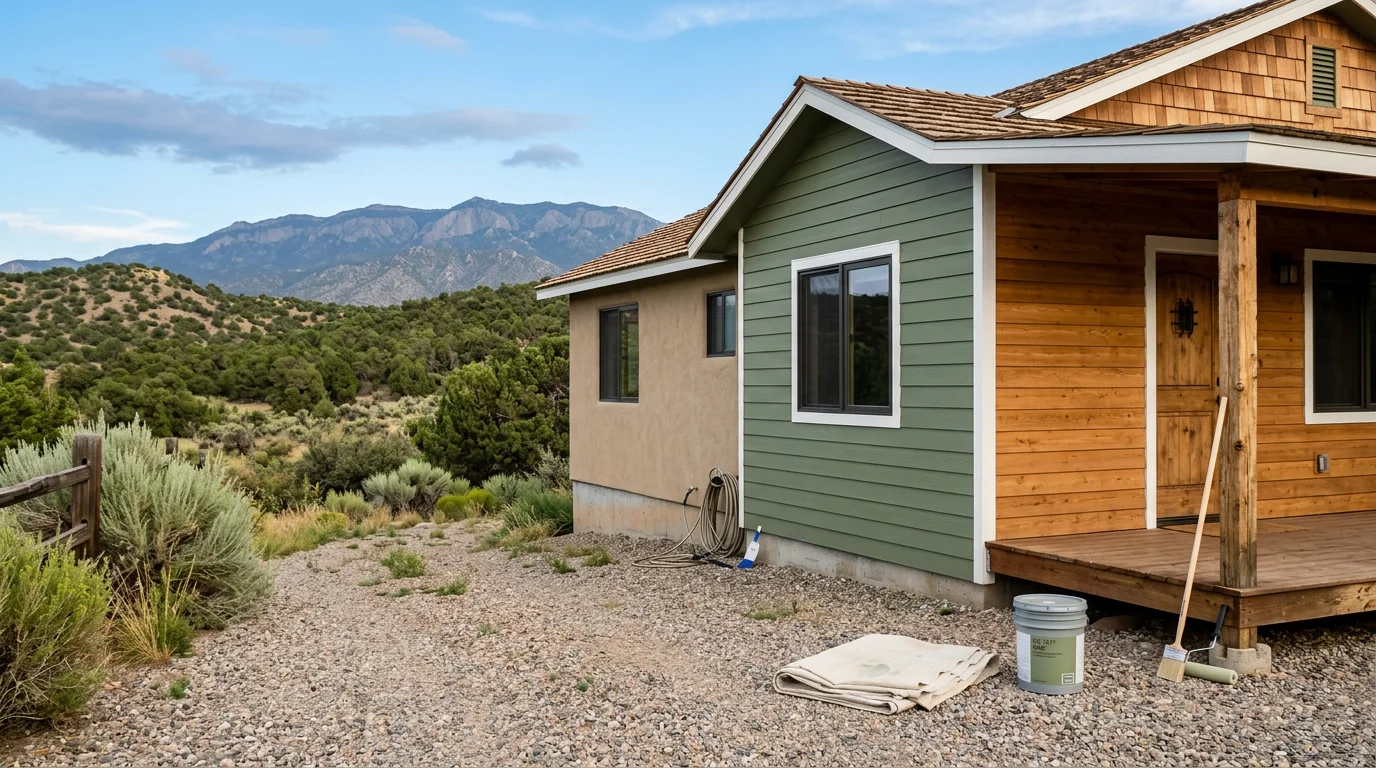 Freshly painted wood siding on a single-family home in Tijeras, New Mexico, with the East Mountains visible in the background. The exterior shows clean, even color coverage with no peeling or fading.