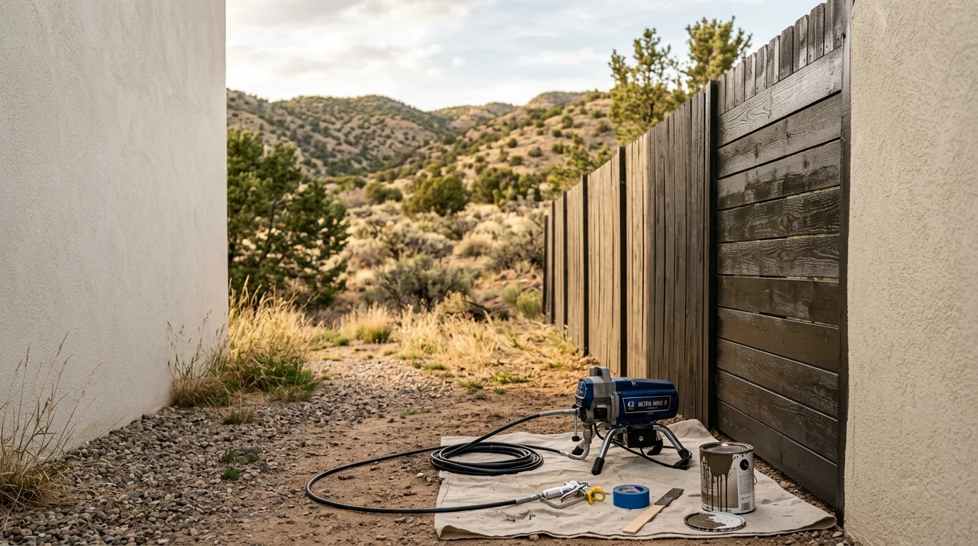 A Gold Medal Painting crew member spray painting the exterior siding of a mountain home in Tijeras, New Mexico, with an even coat applied across the full surface. The canyon setting and wooded lot are visible in the background.