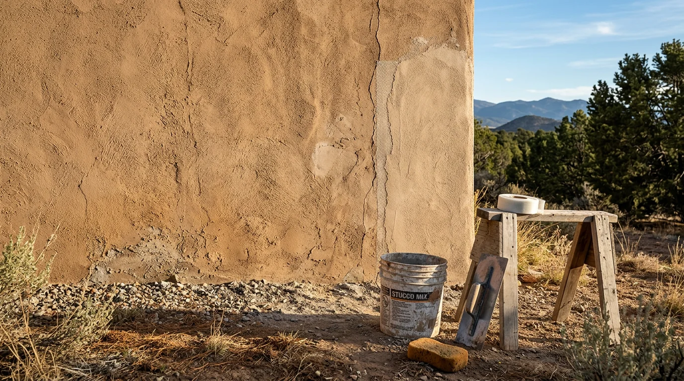 A stucco exterior wall on a Tijeras, NM home showing a repaired crack with a smooth, texture-matched finish coat blending into the surrounding surface. The repair is viewed in bright high-desert sunlight, with no visible seam or color difference between the patched area and the original stucco.