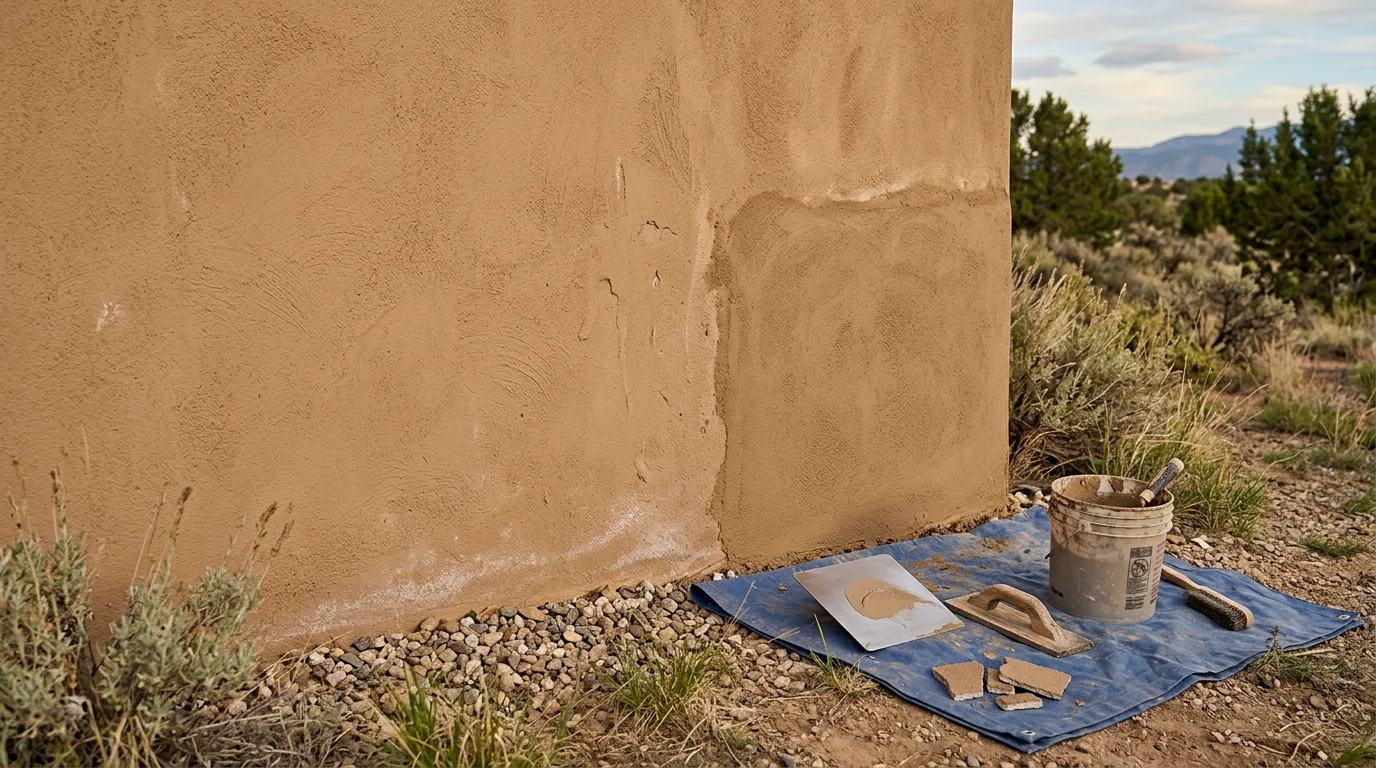 A freshly patched section of exterior stucco on a single-story home in Tijeras, New Mexico, showing a smooth finish coat blended into the surrounding weathered wall surface. The repaired area sits below a roofline with the East Mountains visible in the background.