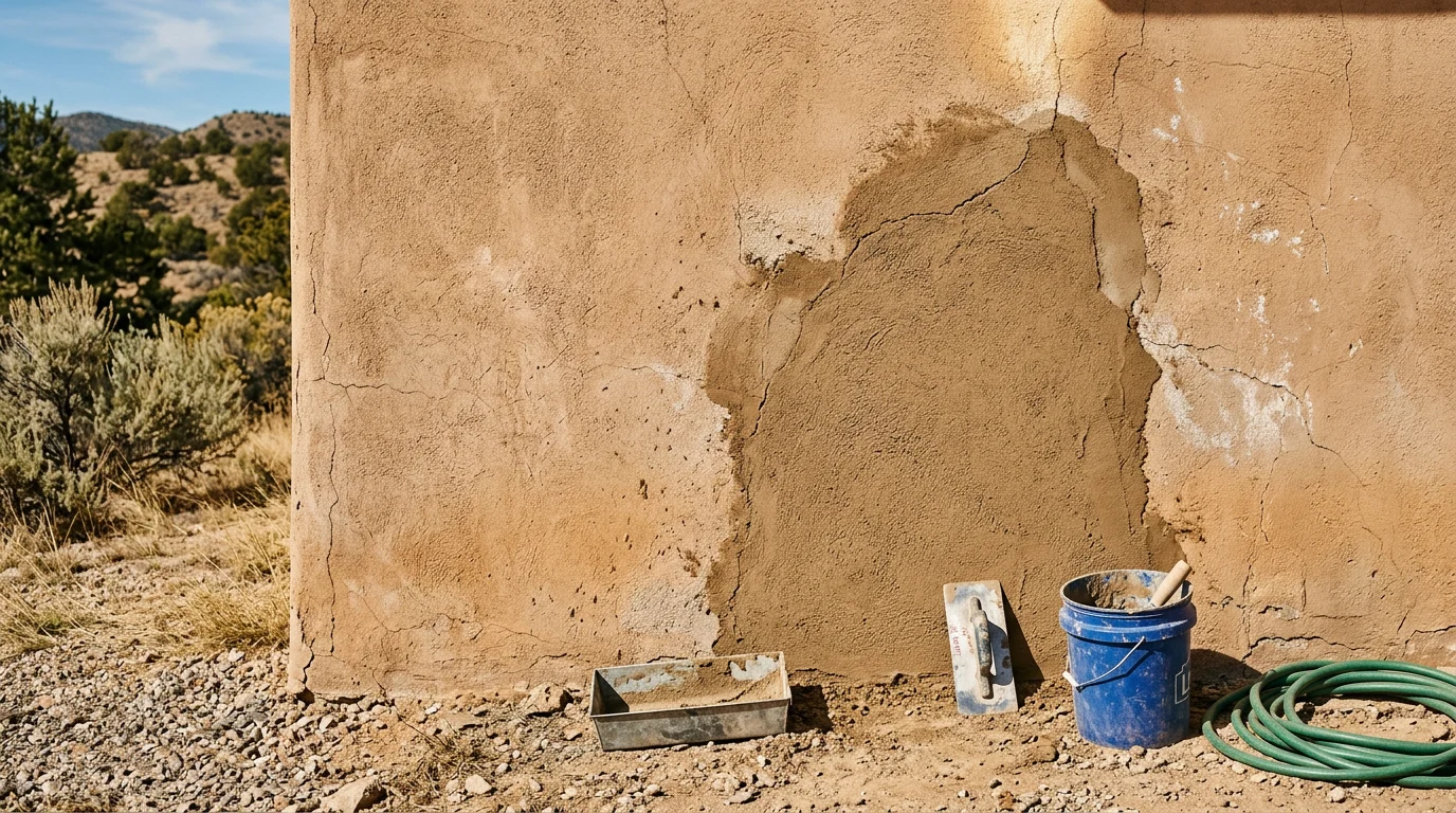 Close-up of a stucco exterior on a Tijeras home showing a seamlessly matched repair section blending into the surrounding aged lace-texture wall. The repaired area is indistinguishable from the original finish in direct sunlight.