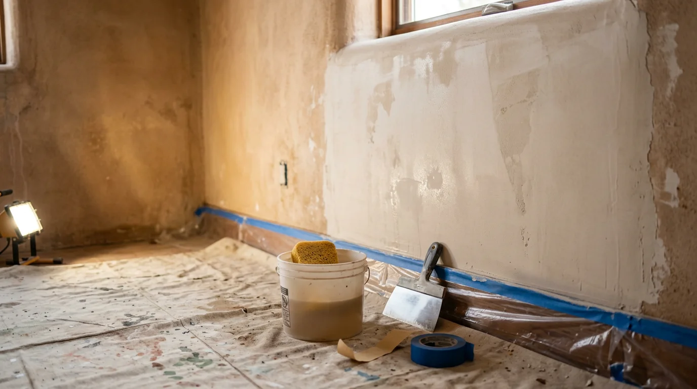 A freshly stripped interior wall in a Tijeras home with old wallpaper fully removed, surface patched and smooth, ready for primer and paint. The room shows protected baseboards and a clean, bare drywall surface typical of East Mountains custom homes.