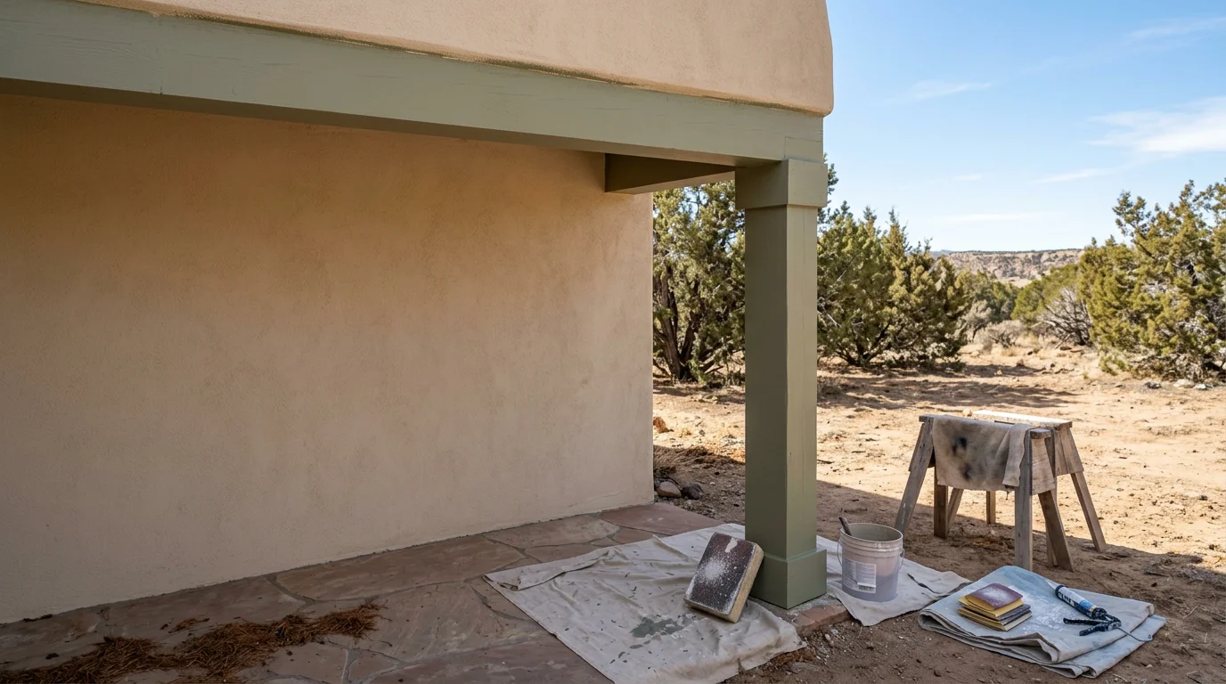 A freshly painted wood exterior on a Tijeras, NM home, showing clean trim and smooth siding finish against a canyon hillside backdrop. Close-up detail highlights even paint coverage on wood fascia and porch trim.